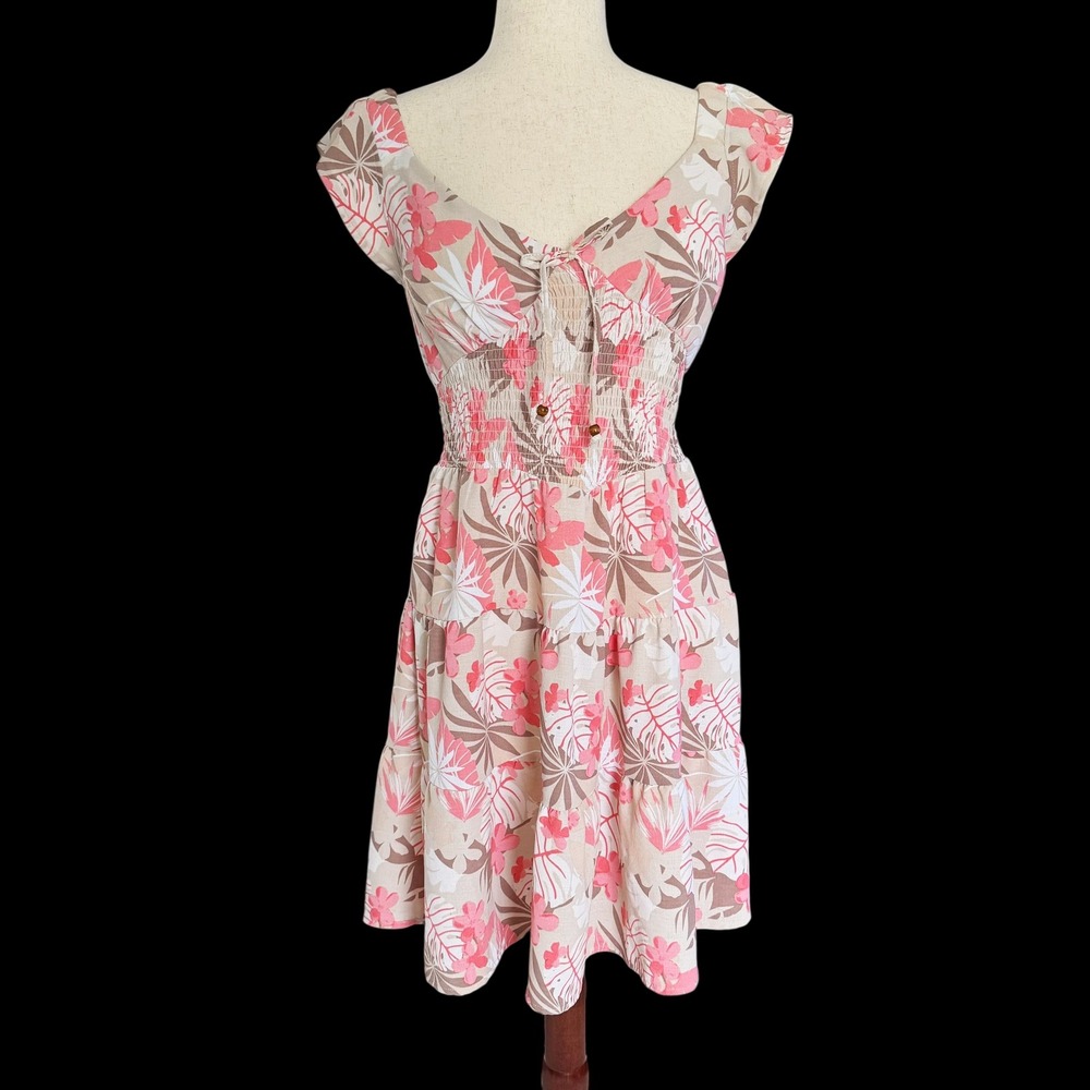 Madden NYC Tropical Floral Smocked‎ Mini Dress Large Babydoll coquette milkmaid